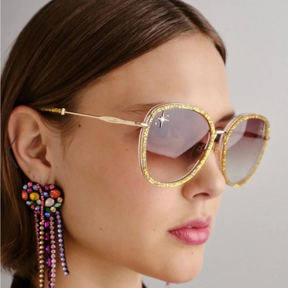 Camilla “Luxor Life” Oversized Gold Glitter Brown Gradient Boho Sunglasses
